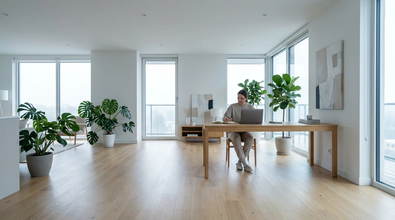 Wide view of a minimalist home office with a person organizing their digital workflow