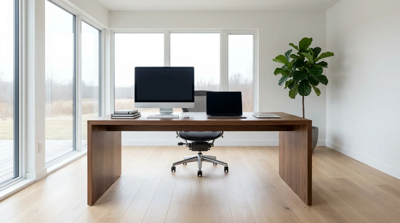 Wide view of a modern bright home office with desk and devices near a window