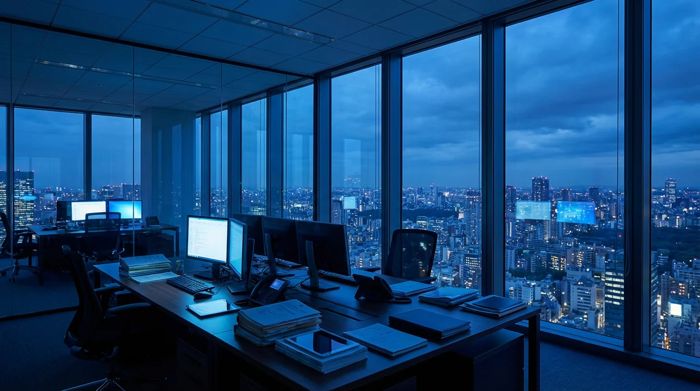 Wide view of a modern office at twilight overlooking a city skyline.