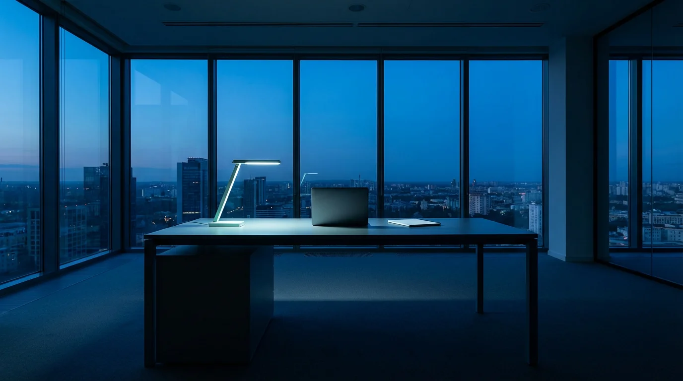 Wide view of a quiet modern office at twilight representing structured time management.