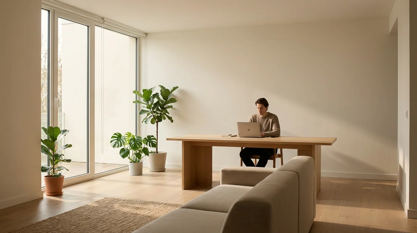 Wide view of a sunlit, minimalist workspace designed for deep focus and productivity.