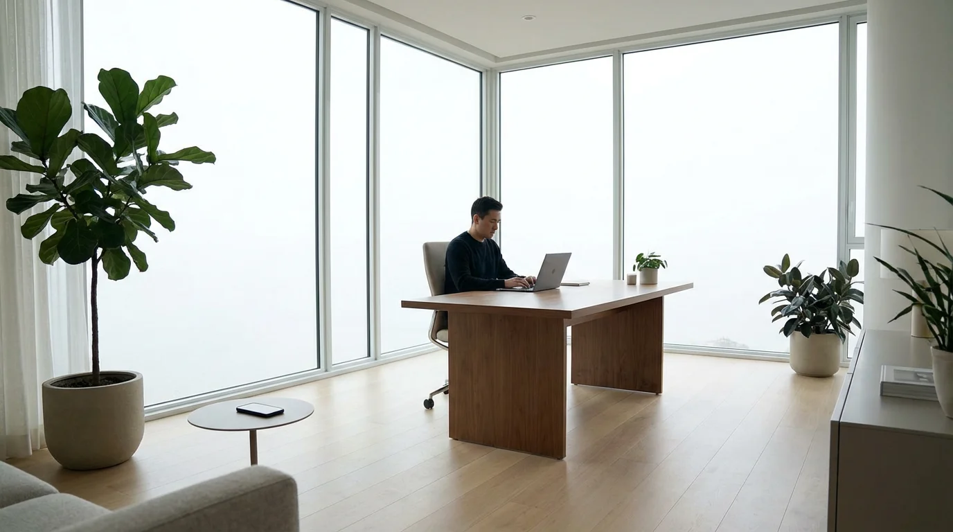 Wide view of a tidy office with a professional working deeply while phone is put away.