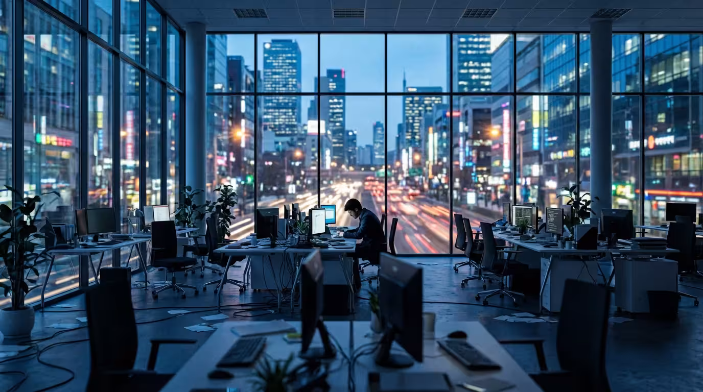 Wide view of modern office at night with city lights representing sensory distractions.