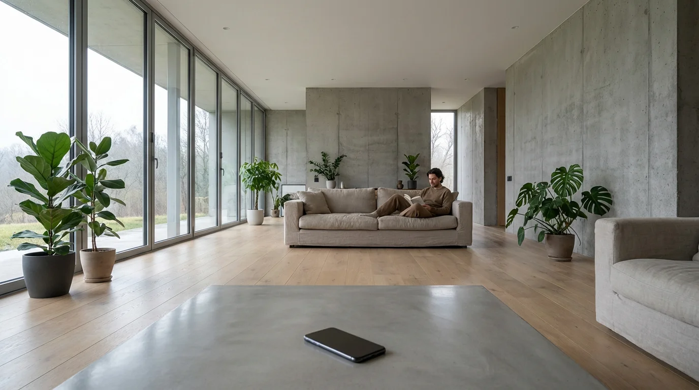 Wide view of person reading in peaceful modern room with phone set aside on table