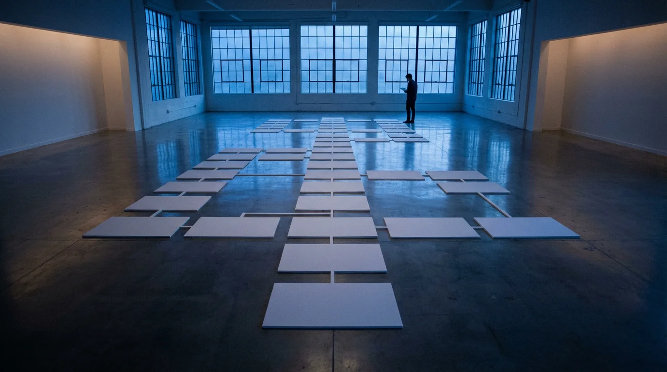 Wide view of project planning boards arranged on a studio floor during blue hour.