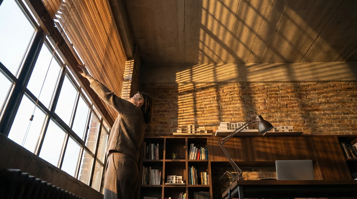 Woman adjusting window blinds in a modern loft with dramatic afternoon shadows and light.