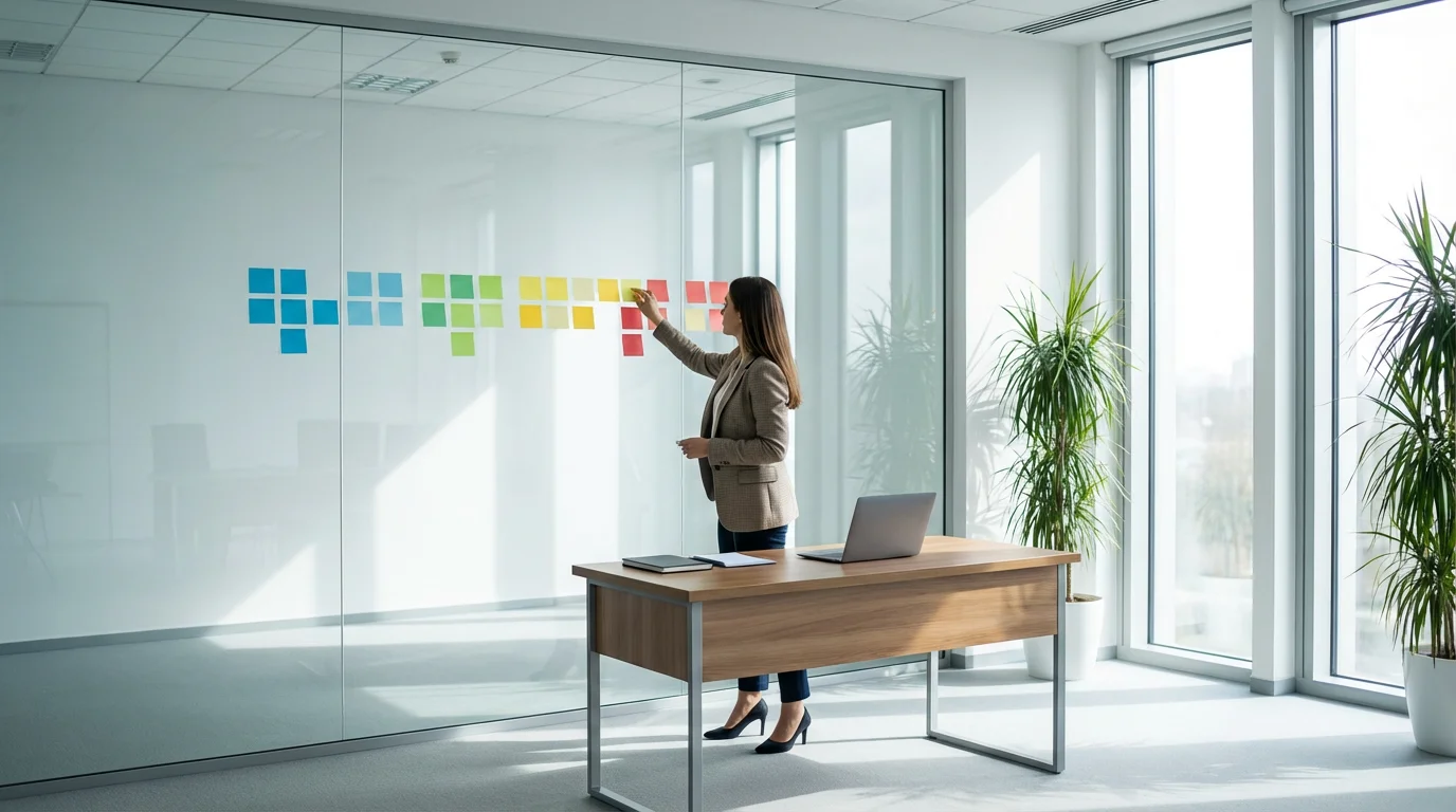 Woman arranging color-coded sticky notes on a glass wall in a sunny modern office.