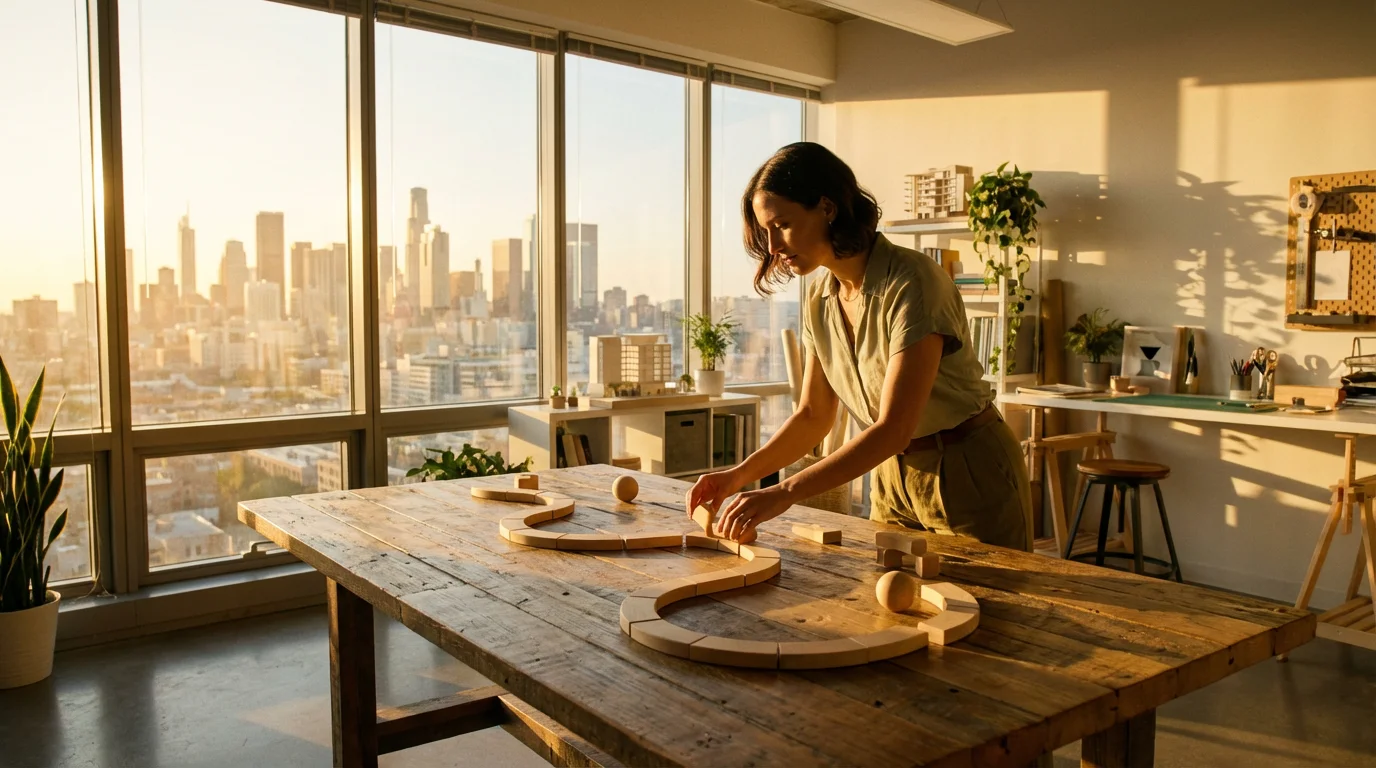 Woman arranging wooden blocks on a table in a sunlit modern studio.