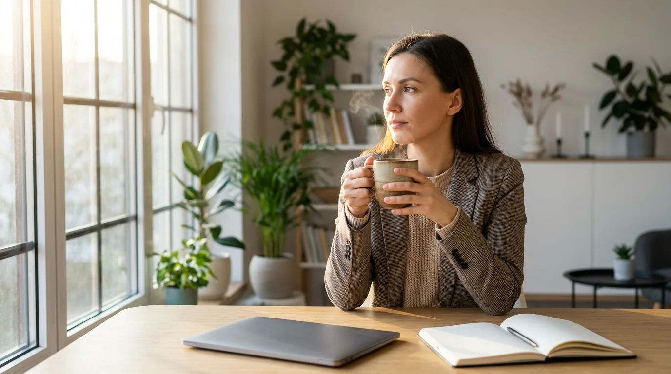 Woman at desk holding coffee mug bathed in natural sunlight representing focus and energy.