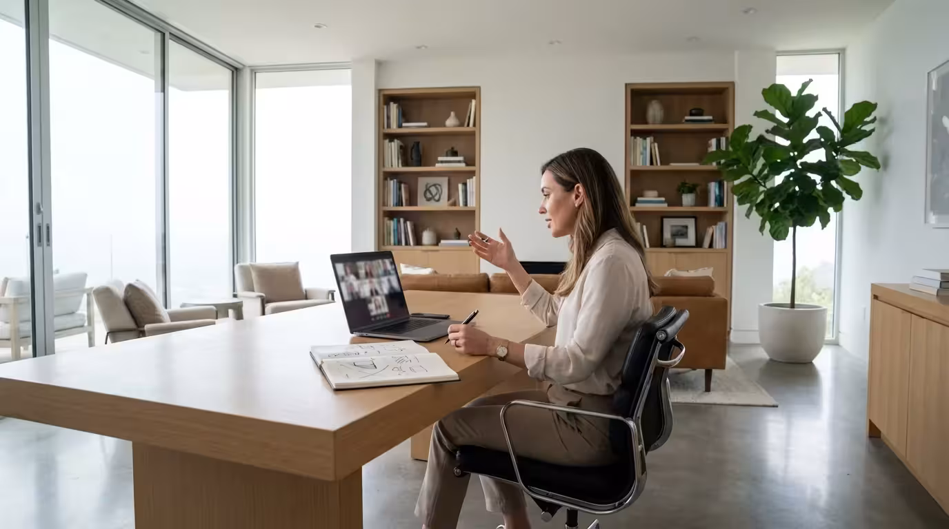 Woman at desk participating in virtual accountability pod meeting via laptop video call.