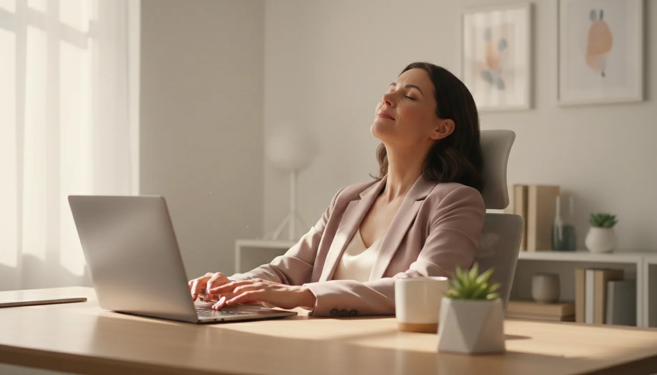 A woman at a bright, minimalist desk with a laptop, her eyes closed for a quick, intentional mental pause, hands on the keyboard.