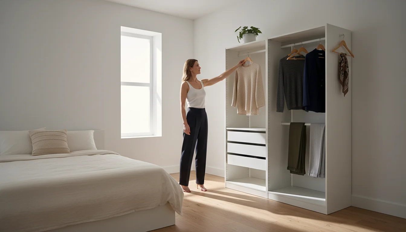 Woman calmly selecting a neutral blouse from a minimalist, organized open wardrobe in a bright bedroom, with a planner and coffee nearby.