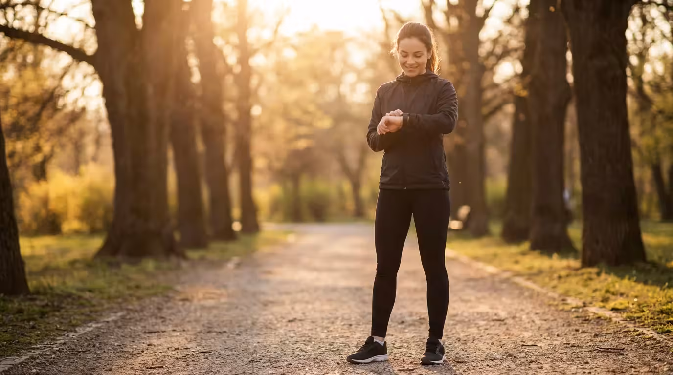 Woman checking smartwatch on a sunny park path during a workout.