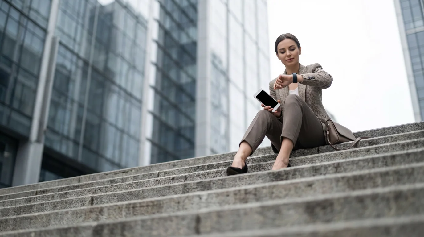 Woman checking smartwatch on city steps while ignoring smartphone.