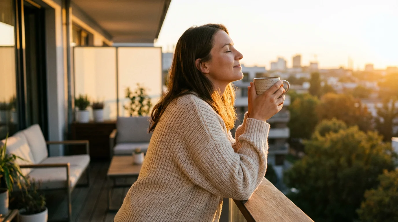 Woman enjoying a quiet moment on a balcony at sunset to build mental focus.