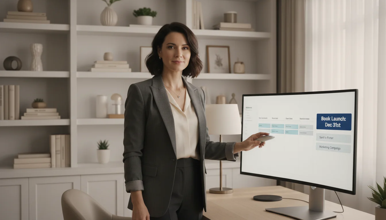 A woman highlights a critical preceding step on a digital project timeline displayed on a large monitor.