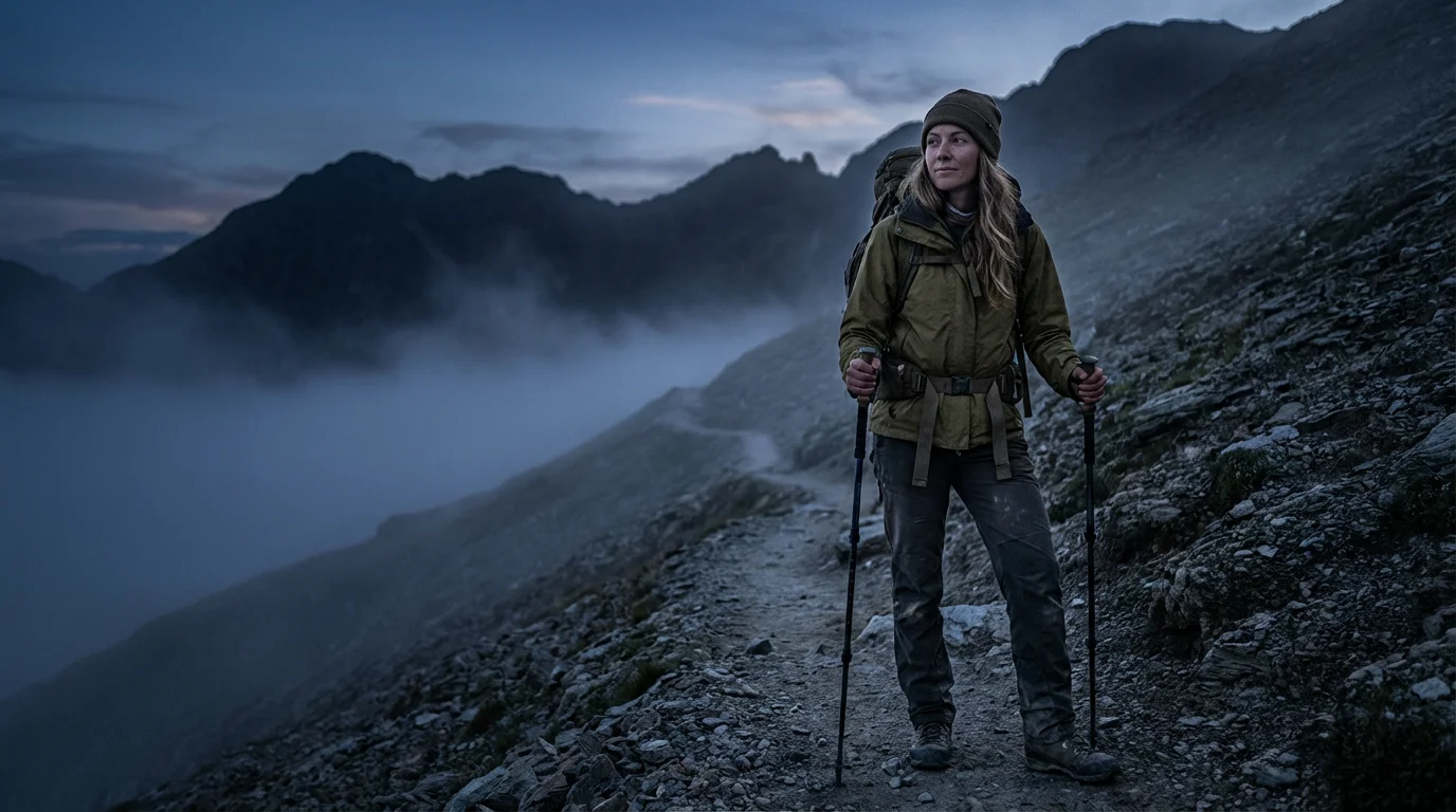Woman hiking on a rocky path at twilight looking determined against a blue sky.