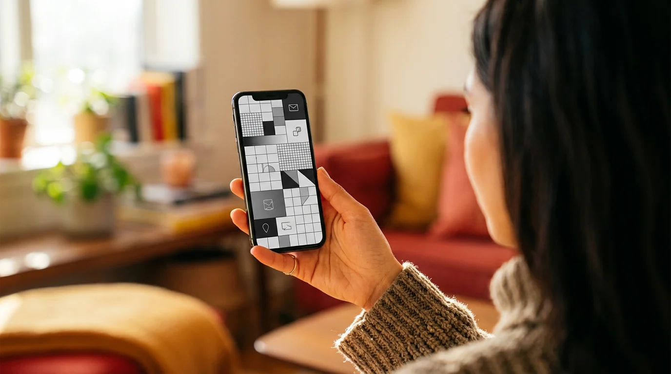 Woman holding a smartphone with the screen set to black and white greyscale mode.