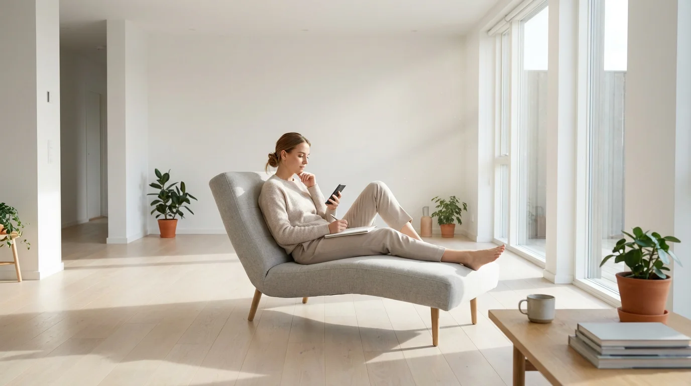 Woman in bright modern living room reviewing smartphone habits during a digital audit.