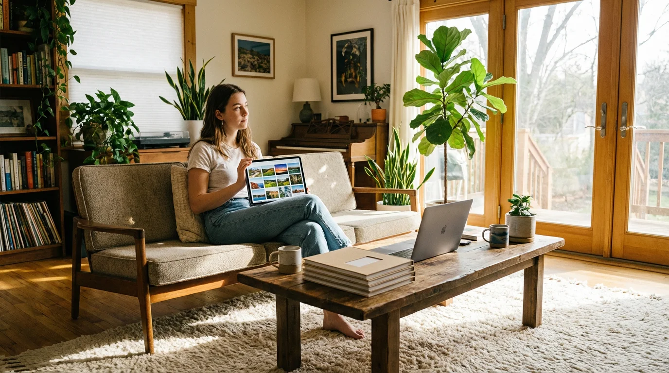 Woman in sunny living room consulting tablet and laptop to diversify information sources.