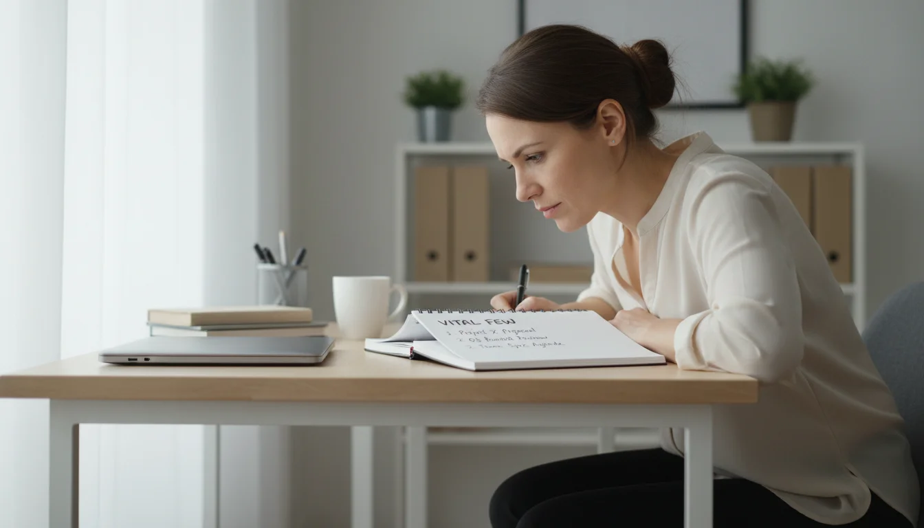 A woman intensely focusing on a prioritized task list in a notebook on a clean, modern desk.