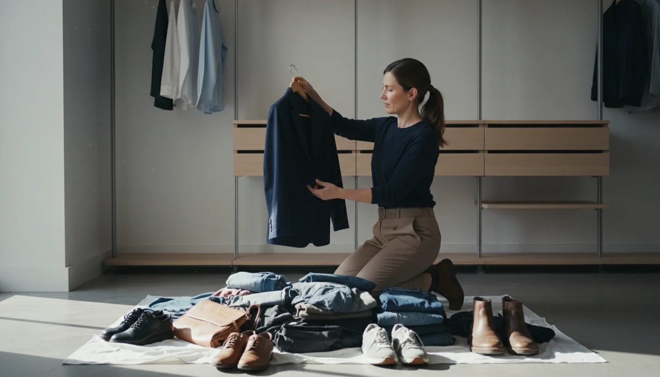 Woman kneeling on floor, holding a blazer amidst a pile of clothes. Empty closet visible in background. Bright, natural light.