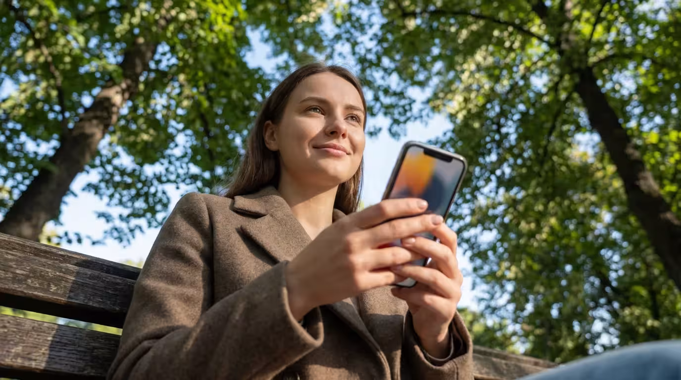 Woman looking at smartphone calmly on a park bench during a sunny morning.