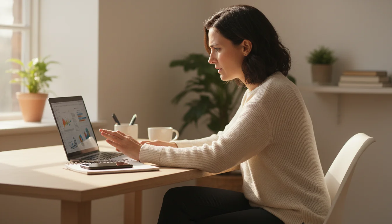 A woman at a minimalist home office desk, looking at her laptop screen while reaching for her buzzing smartphone, showing fragmented attention.