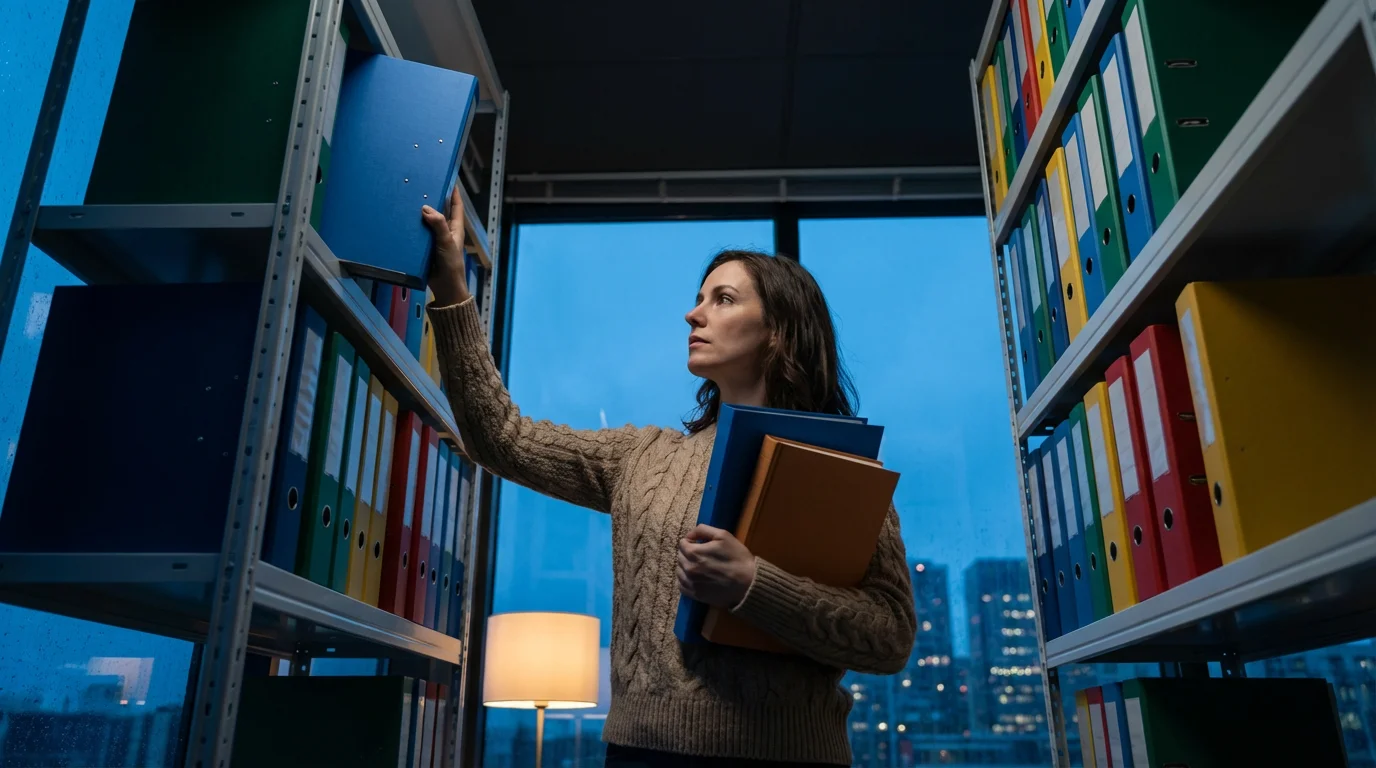 Woman organizing a bookshelf during blue hour, symbolizing long-term content curation and strategy.