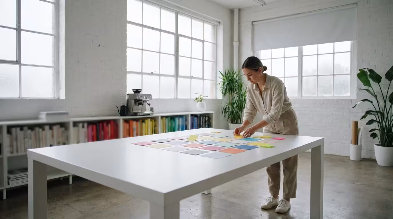 Woman organizing blank colorful cards on a large table in a bright minimalist studio
