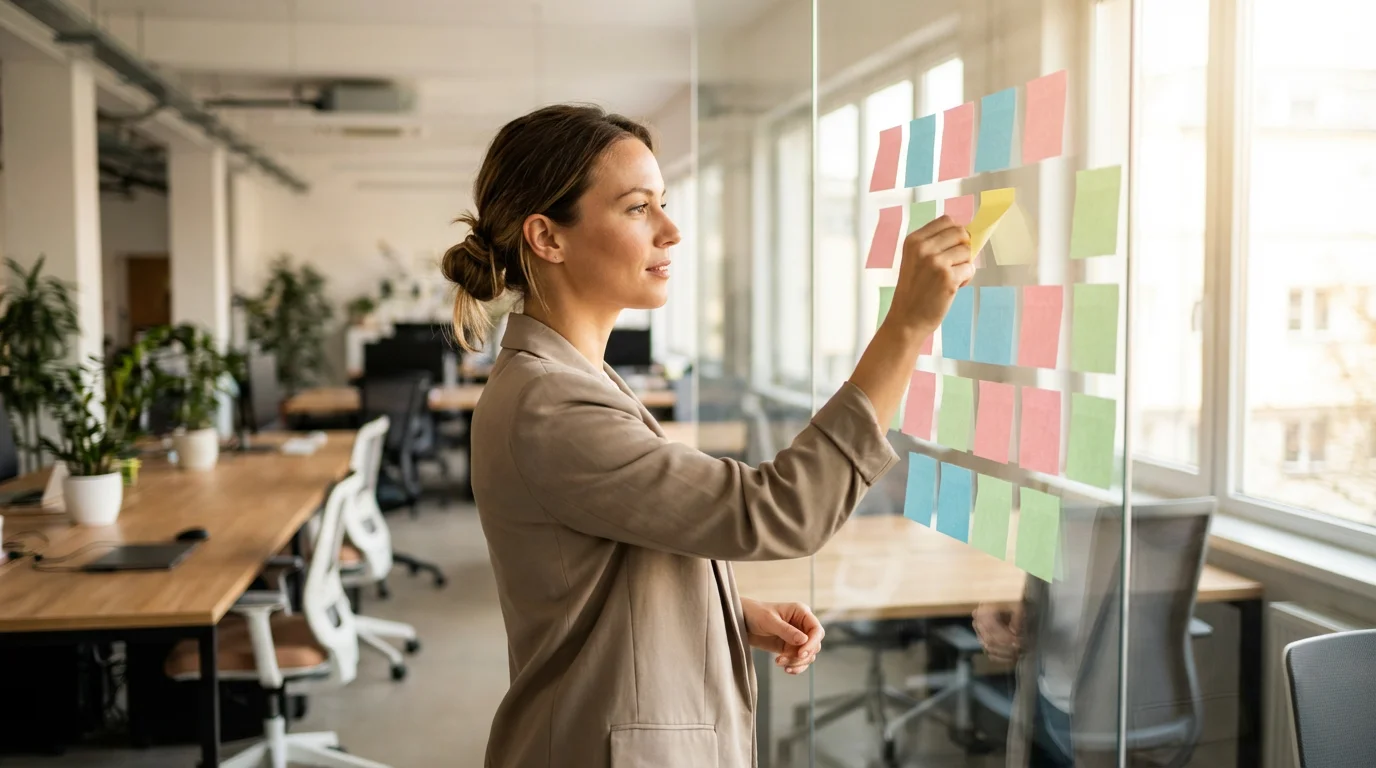 Woman organizing blank sticky notes on a glass wall in a sunlit office.