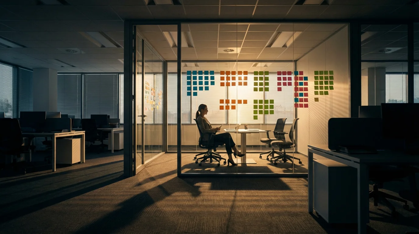 Woman organizing blank sticky notes on glass wall in moody afternoon office lighting.