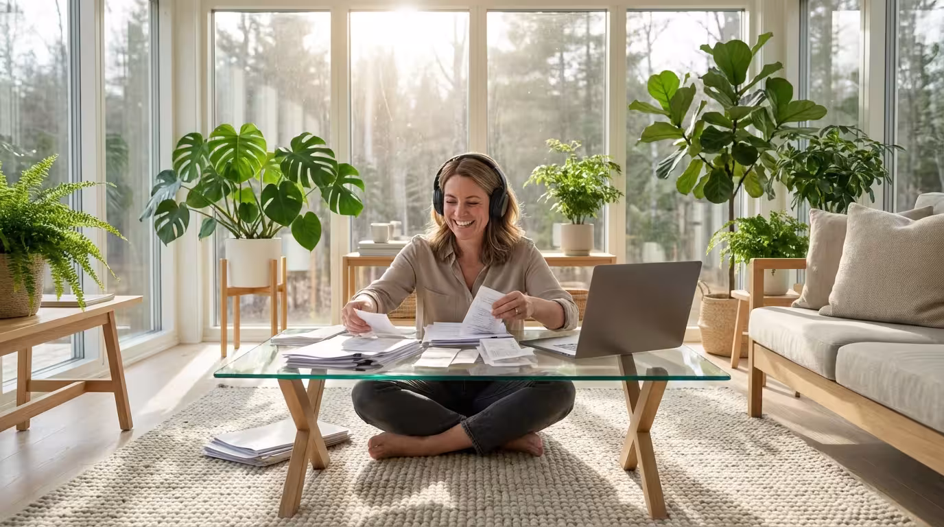 Woman organizing papers on floor while listening to headphones in a sunny room.