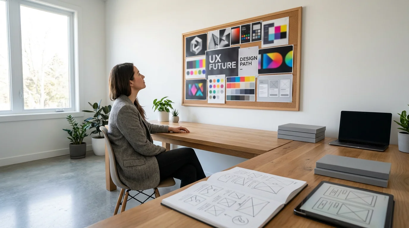 Woman planning career transition with a vision board in a sunlit, minimalist home office.
