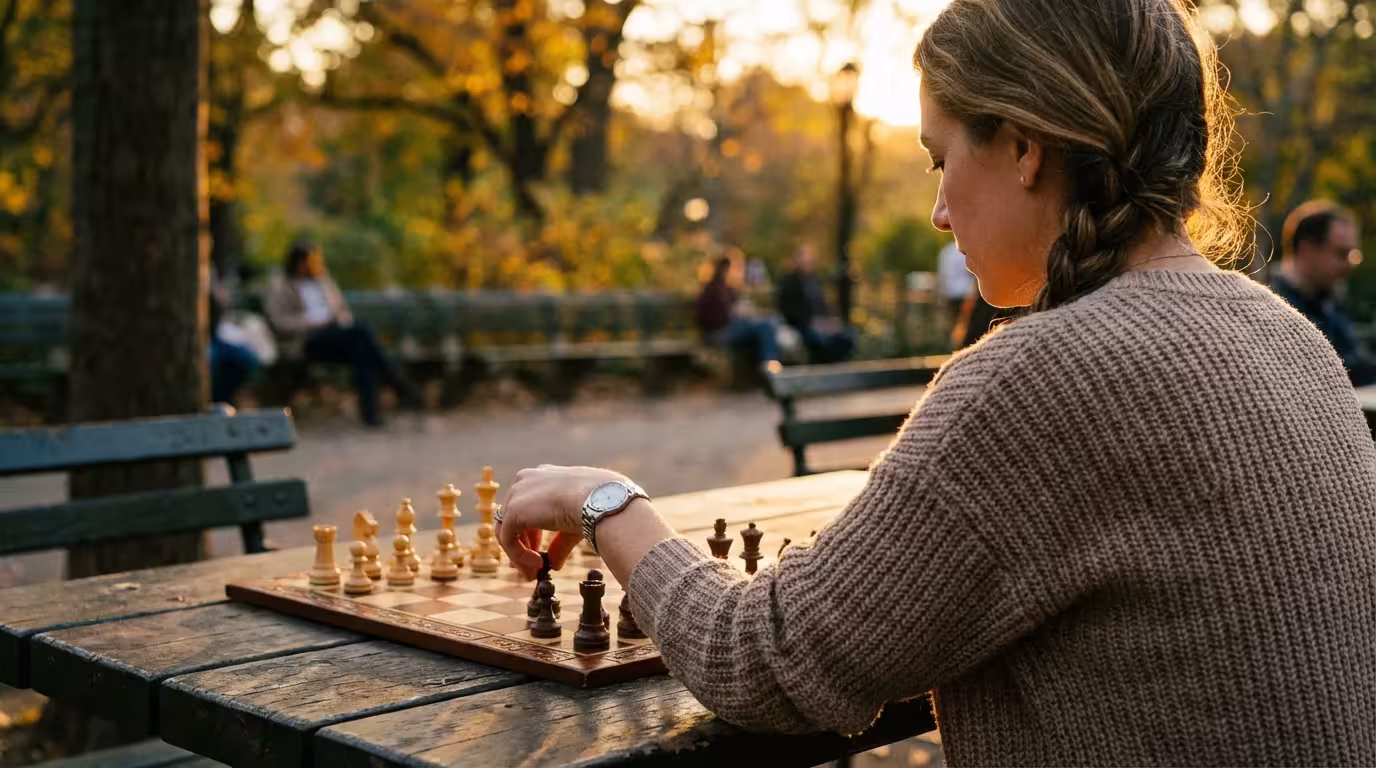 Woman playing chess outdoors at sunset to illustrate cognitive brain training exercises.