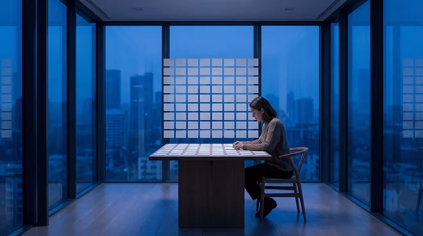 Woman practicing memory card exercises in a modern room during blue hour twilight.