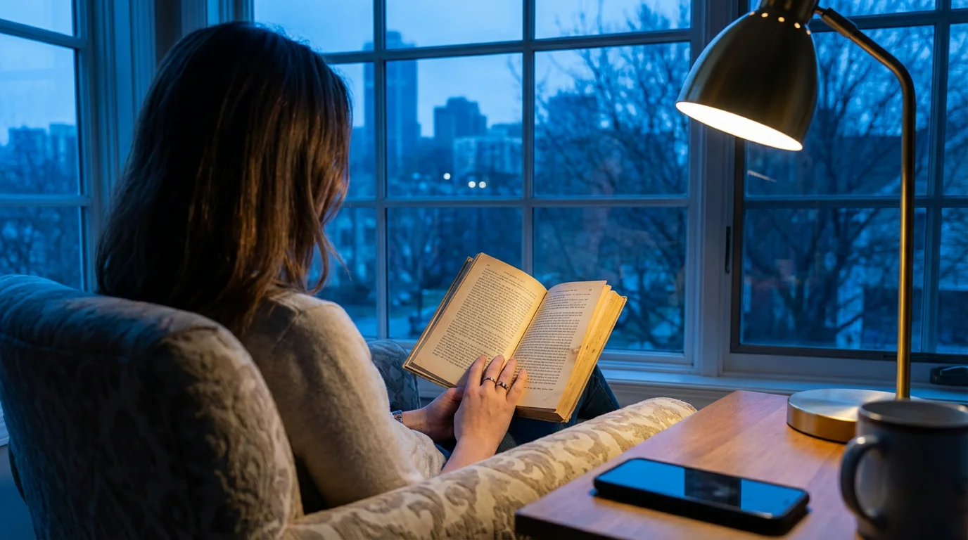 Woman reading a physical book during blue hour evening while ignoring a smartphone.