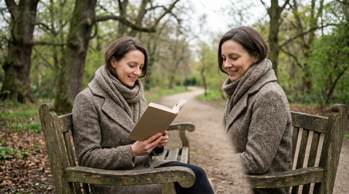 Woman reading a physical book on a park bench during a technology-free weekend.