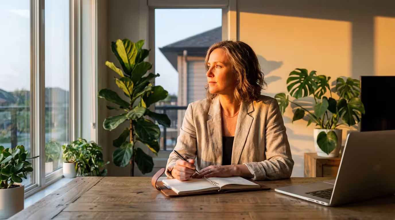 Woman reflecting at desk with notebook during golden hour sunlight.