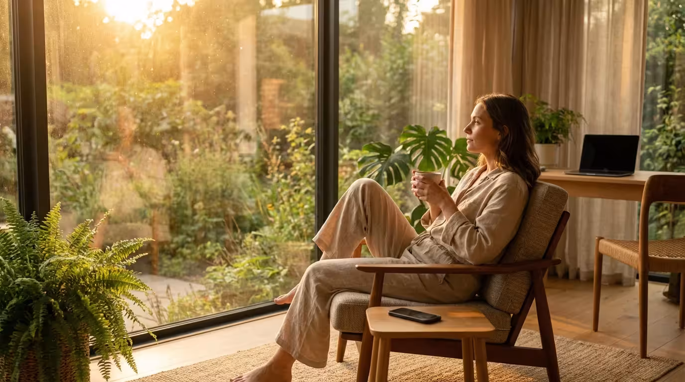 Woman relaxing in sunlit room with phone face down symbolizing digital disconnect.
