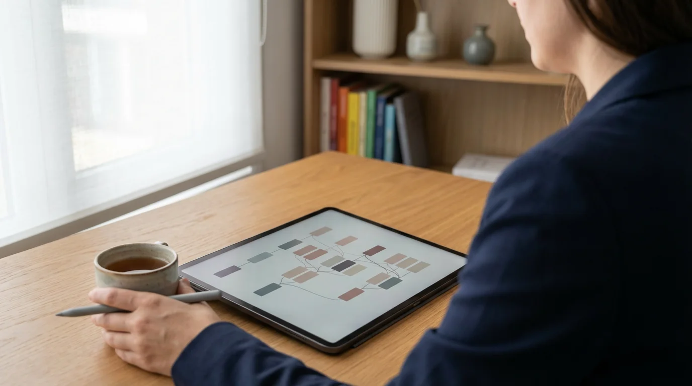 Woman reviewing abstract digital schedule on tablet in home office, over-the-shoulder view.