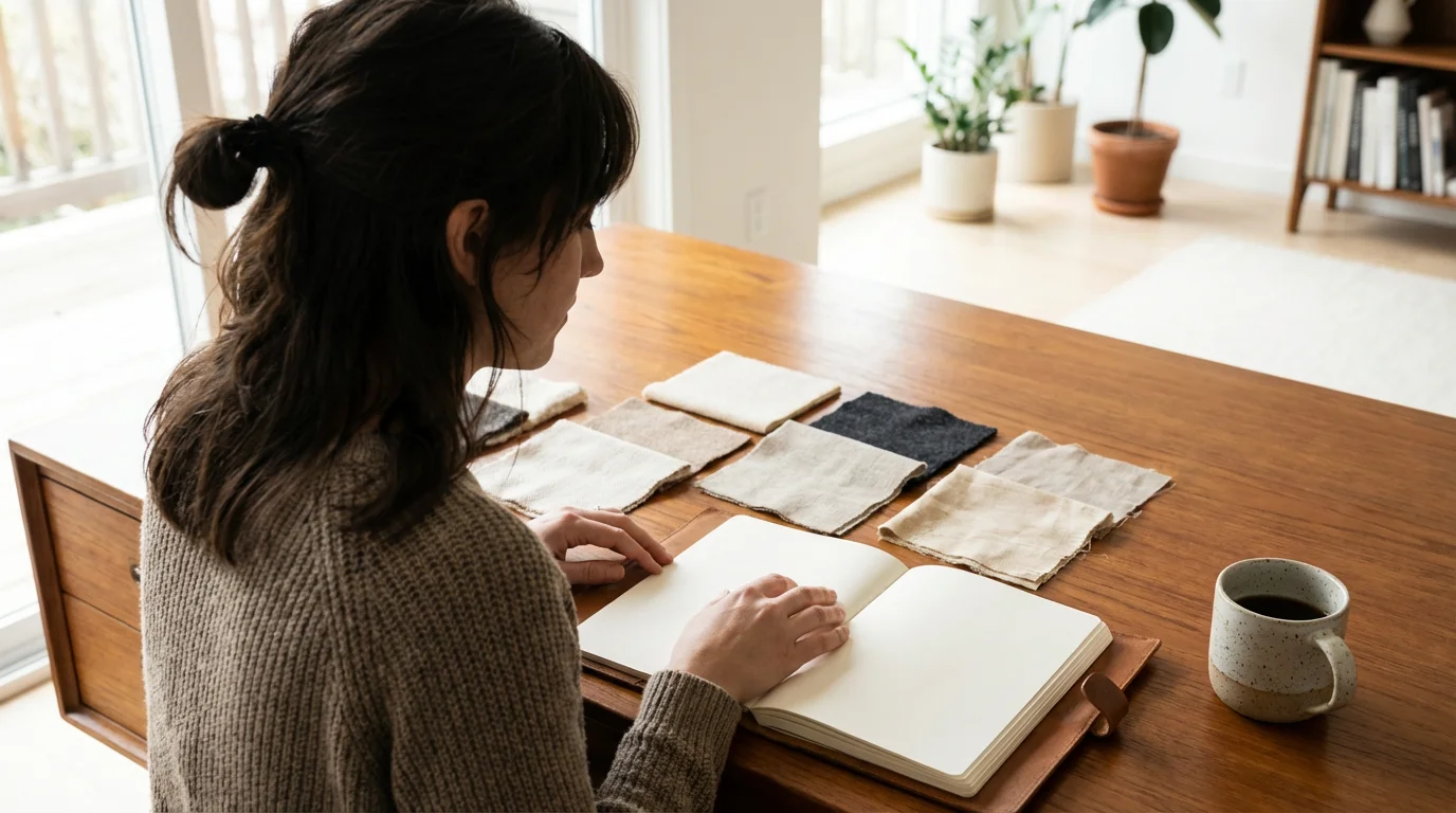 Woman reviewing fabric swatches and notebook at a sunlit desk for wardrobe planning.