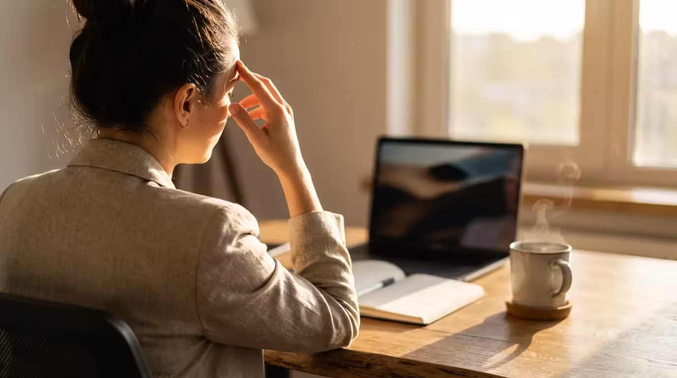Woman rubbing temple at desk in morning light experiencing early signs of burnout.