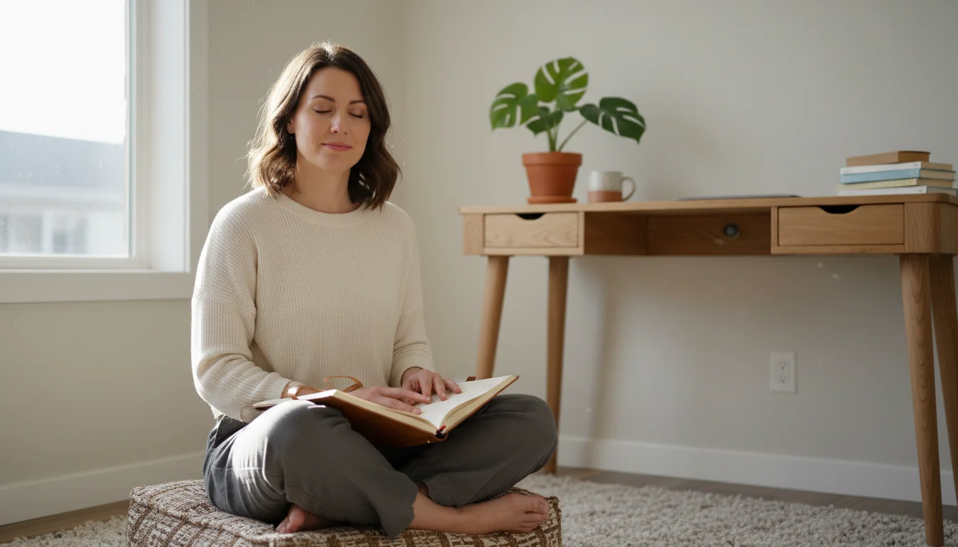 A woman sits on a floor cushion with eyes closed, a journal beside her, in a tidy home office.