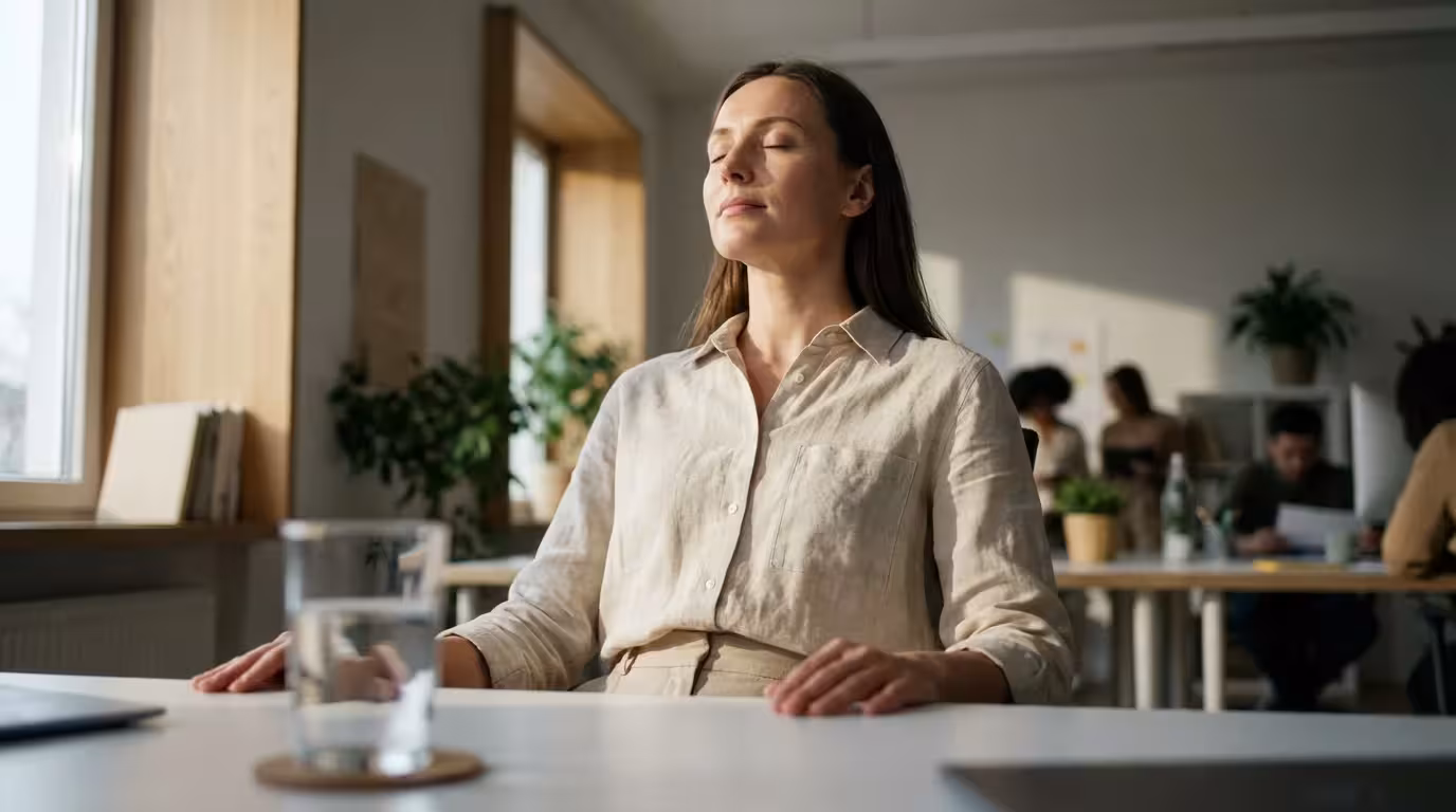 Woman sitting at desk with eyes closed taking a deep breath in natural light.