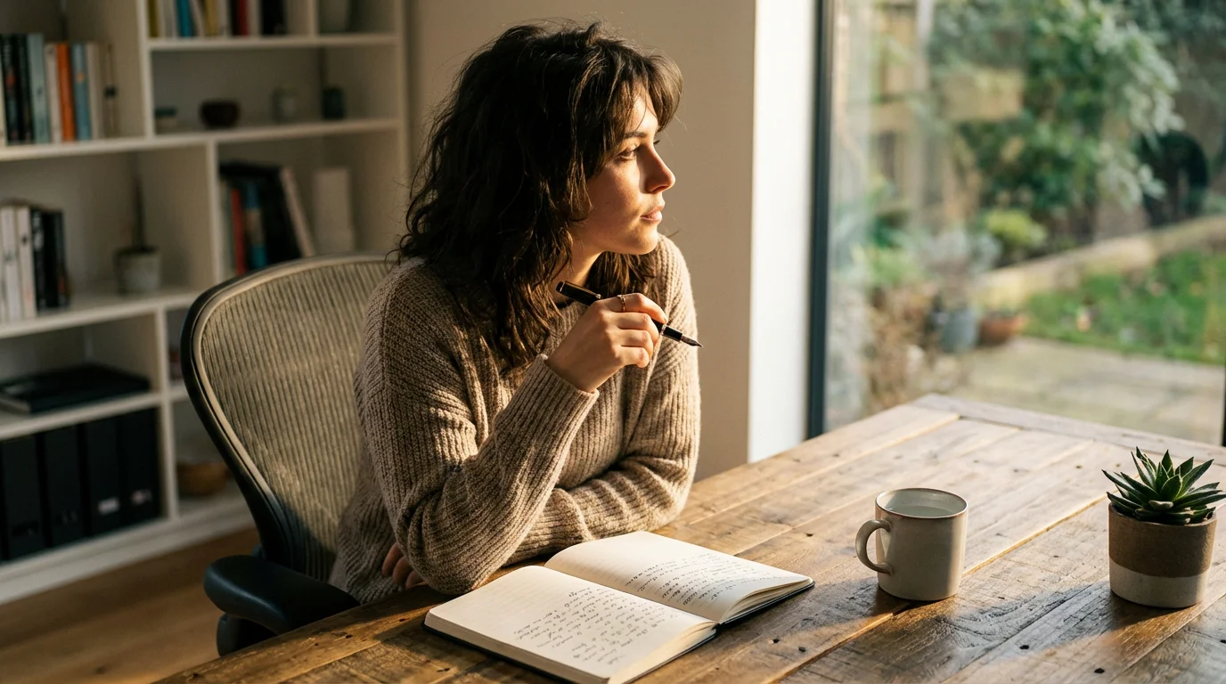 Woman sitting at desk with notebook in natural window light contemplating habits.