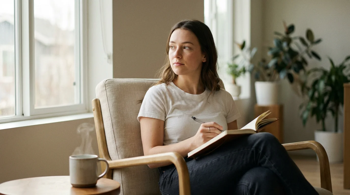 Woman sitting in armchair reflecting on personal values with notebook in sunlit room.