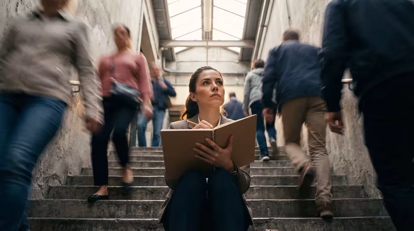 Woman sitting on busy stairwell focusing intensely while blurred crowd rushes past in morning light.