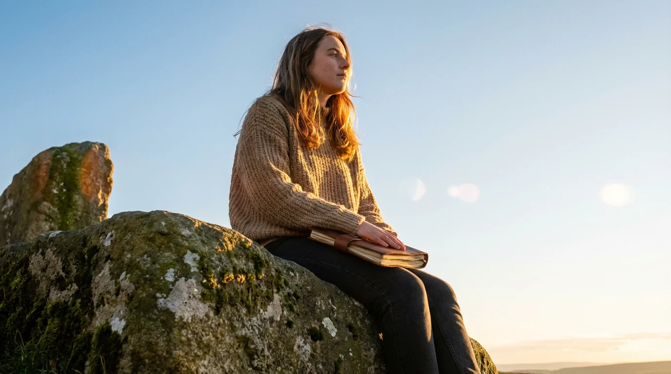 Woman sitting on rock outdoors at sunset reflecting with journal, low angle view.