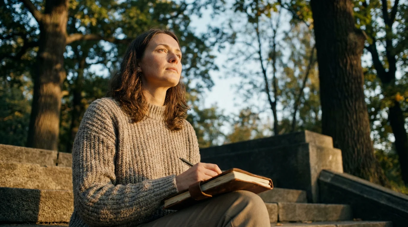 Woman sitting on steps with a journal reflecting during a sunrise.